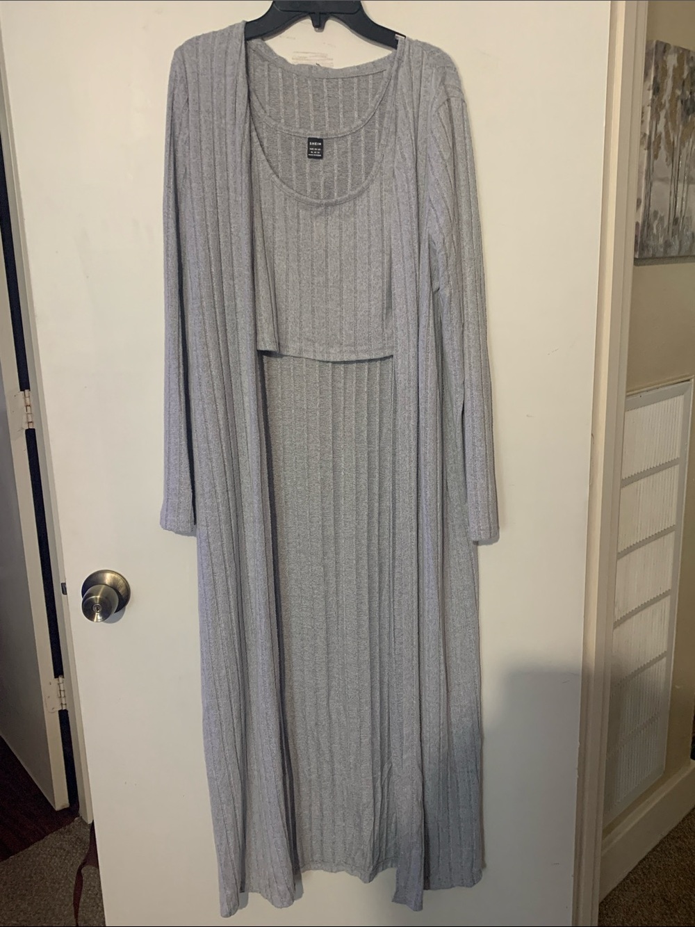 SHEIN Light Gray Ribbed Knit Duster Cardigan, Tank and Pant Set